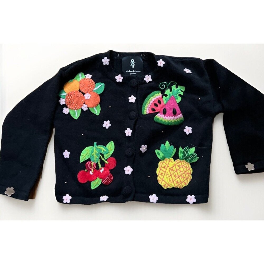 Vintage Michael Simon GIRL FRUIT  Sweater Cardigan Crochet  OS Maximalist Y2K